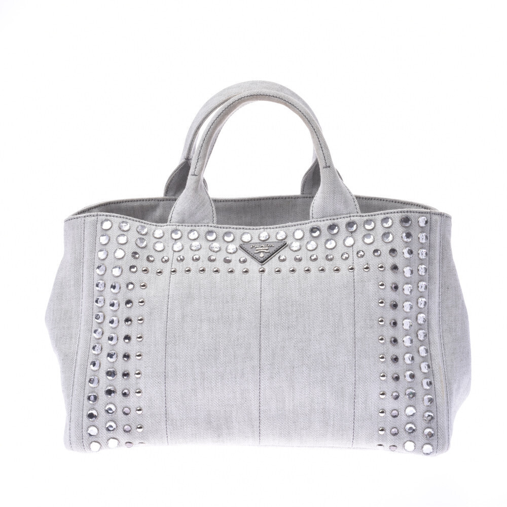 PRADA Canapa Jeweled Bag Gray Denim Tote - Picture 1 of 11